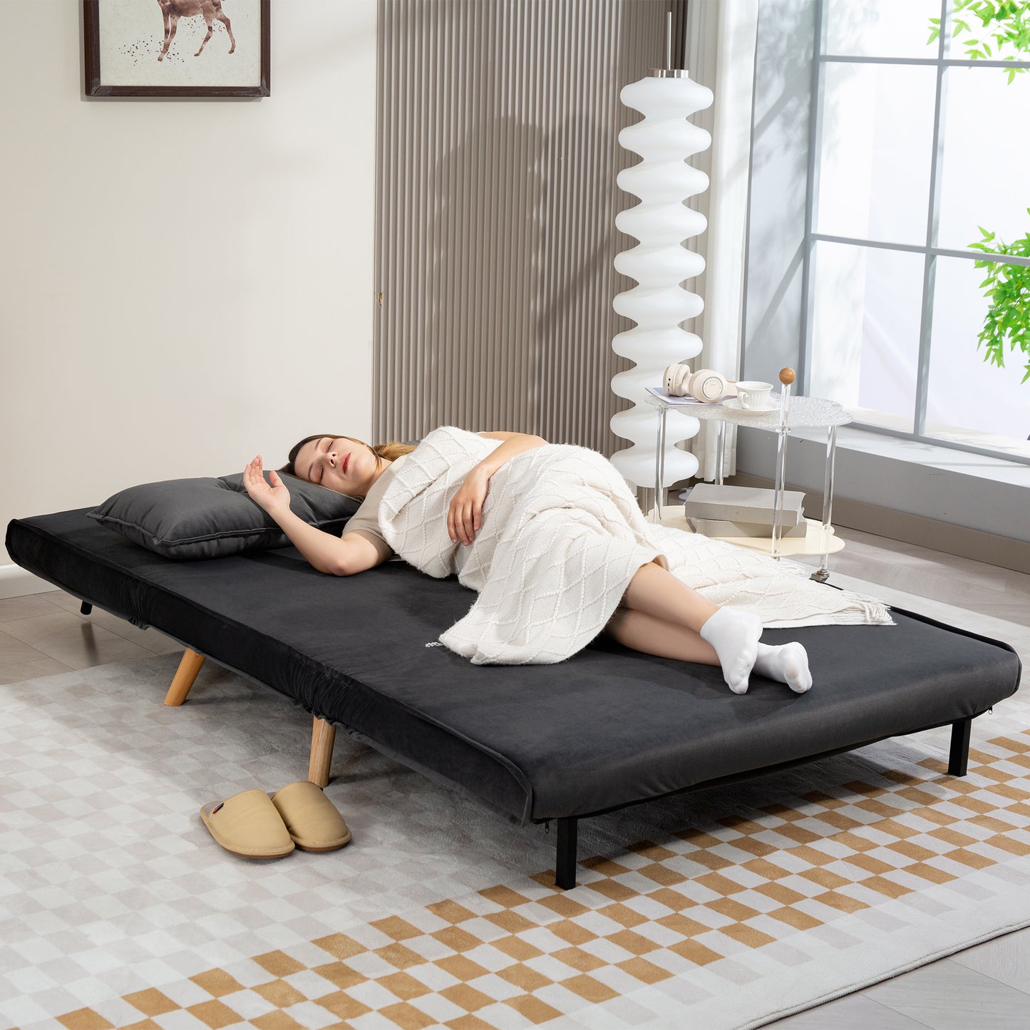 Convertible 2-Seater Sofa Bed, Adjustable Backrest, Grey Fabric