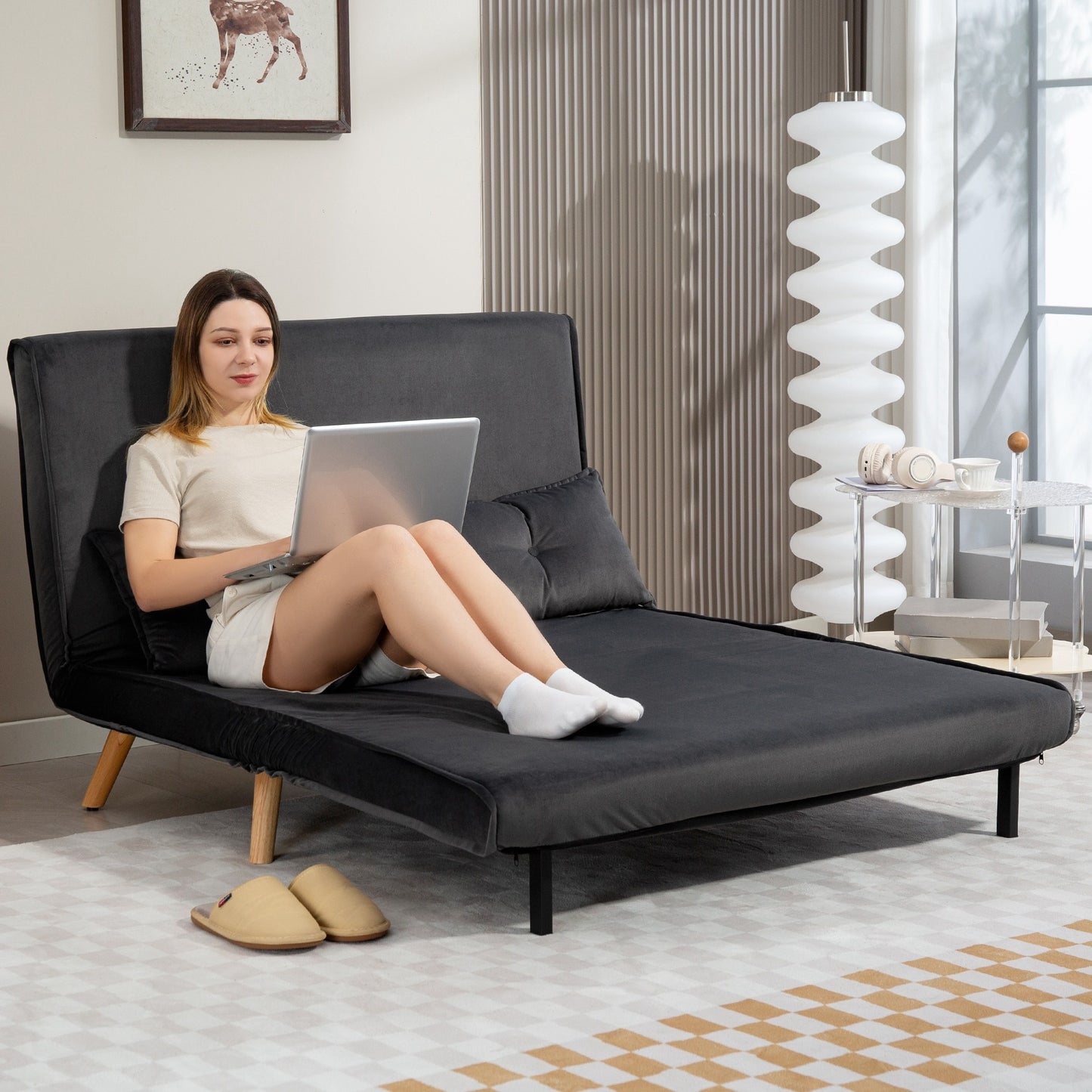 Convertible 2-Seater Sofa Bed, Adjustable Backrest, Grey Fabric