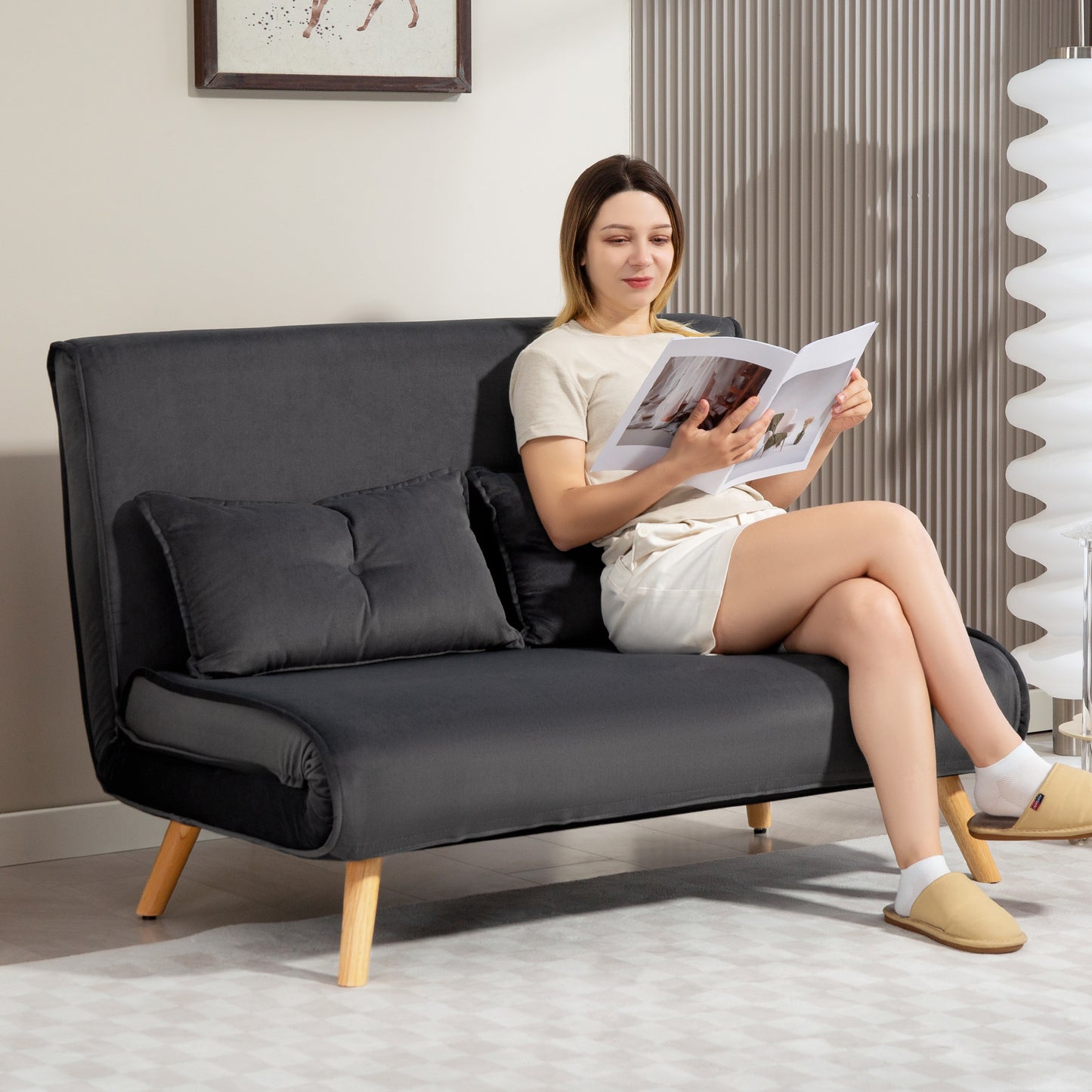 Convertible 2-Seater Sofa Bed, Adjustable Backrest, Grey Fabric
