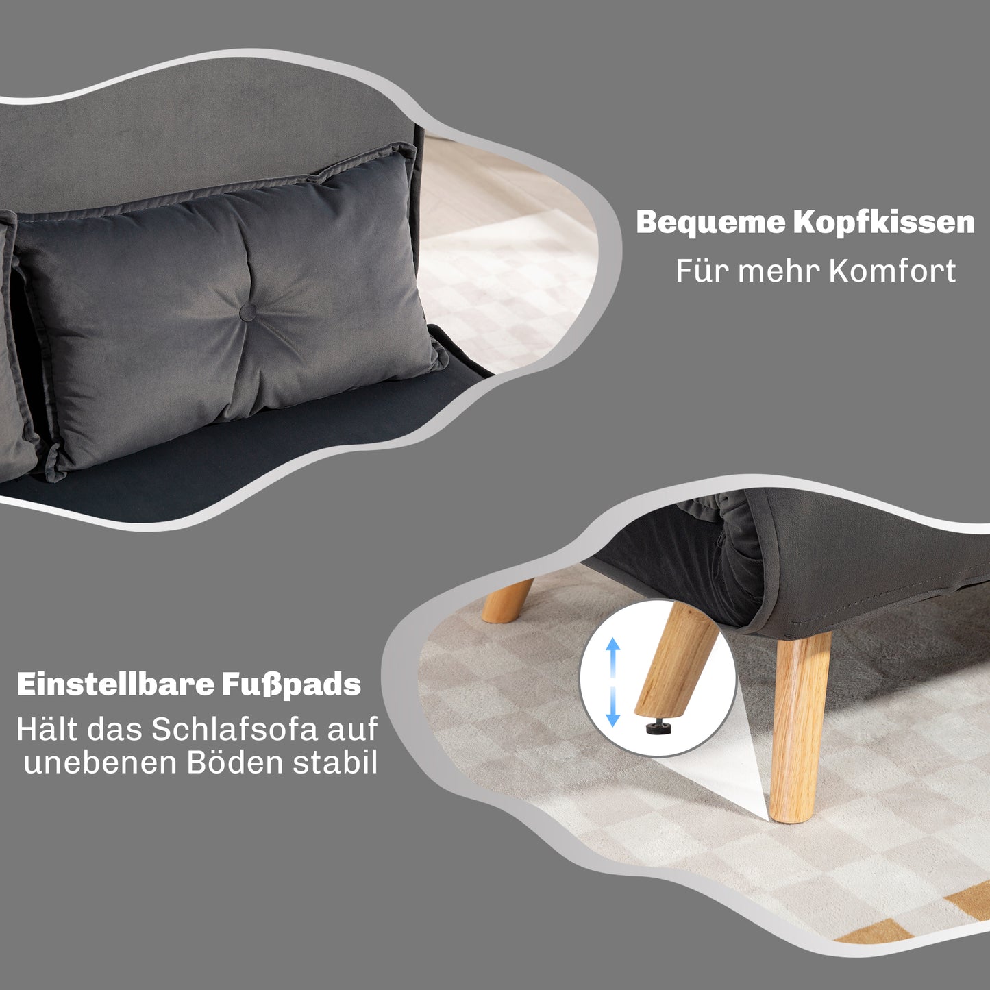 Convertible 2-Seater Sofa Bed, Adjustable Backrest, Grey Fabric