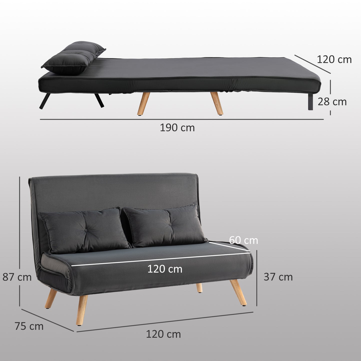 Convertible 2-Seater Sofa Bed, Adjustable Backrest, Grey Fabric
