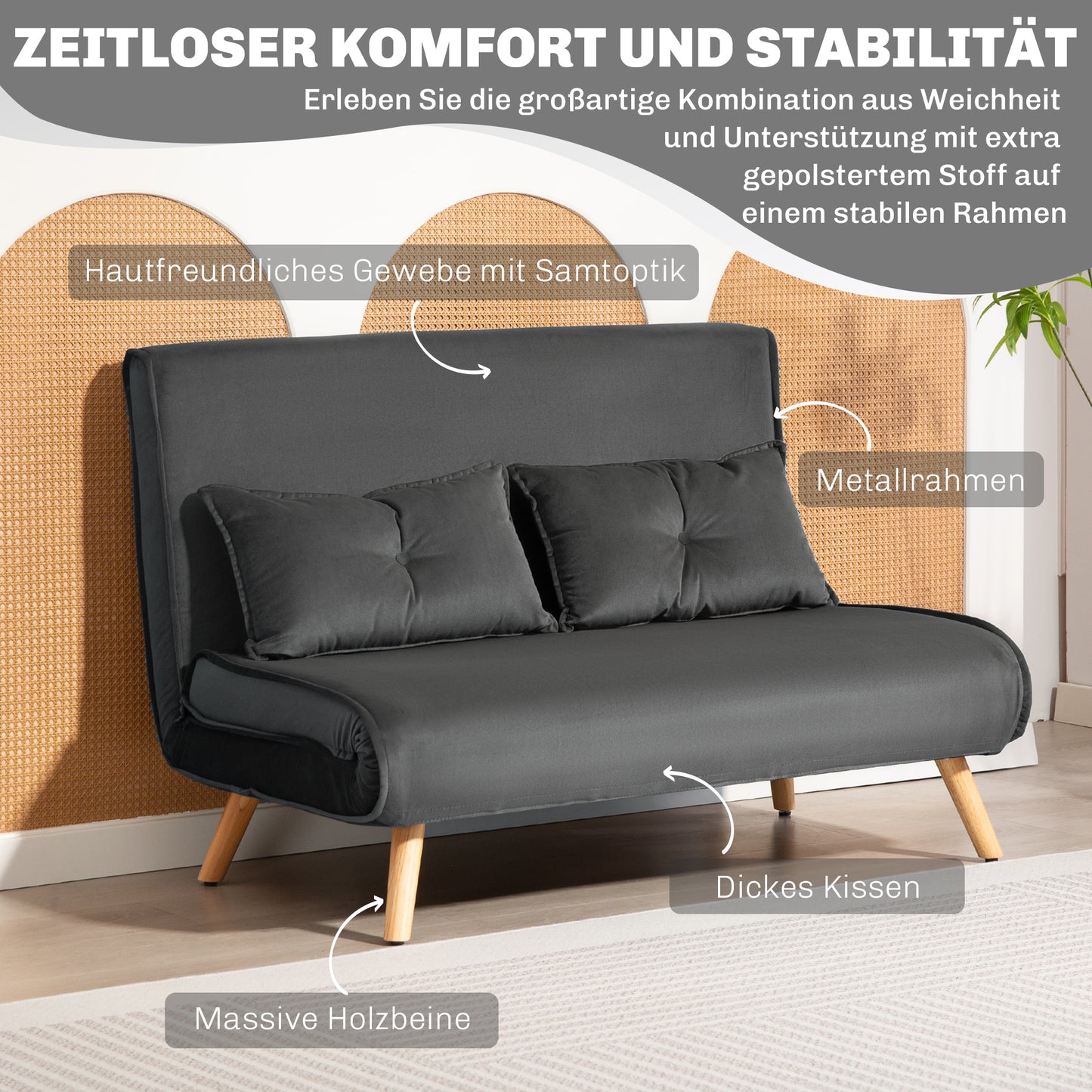 Convertible 2-Seater Sofa Bed, Adjustable Backrest, Grey Fabric