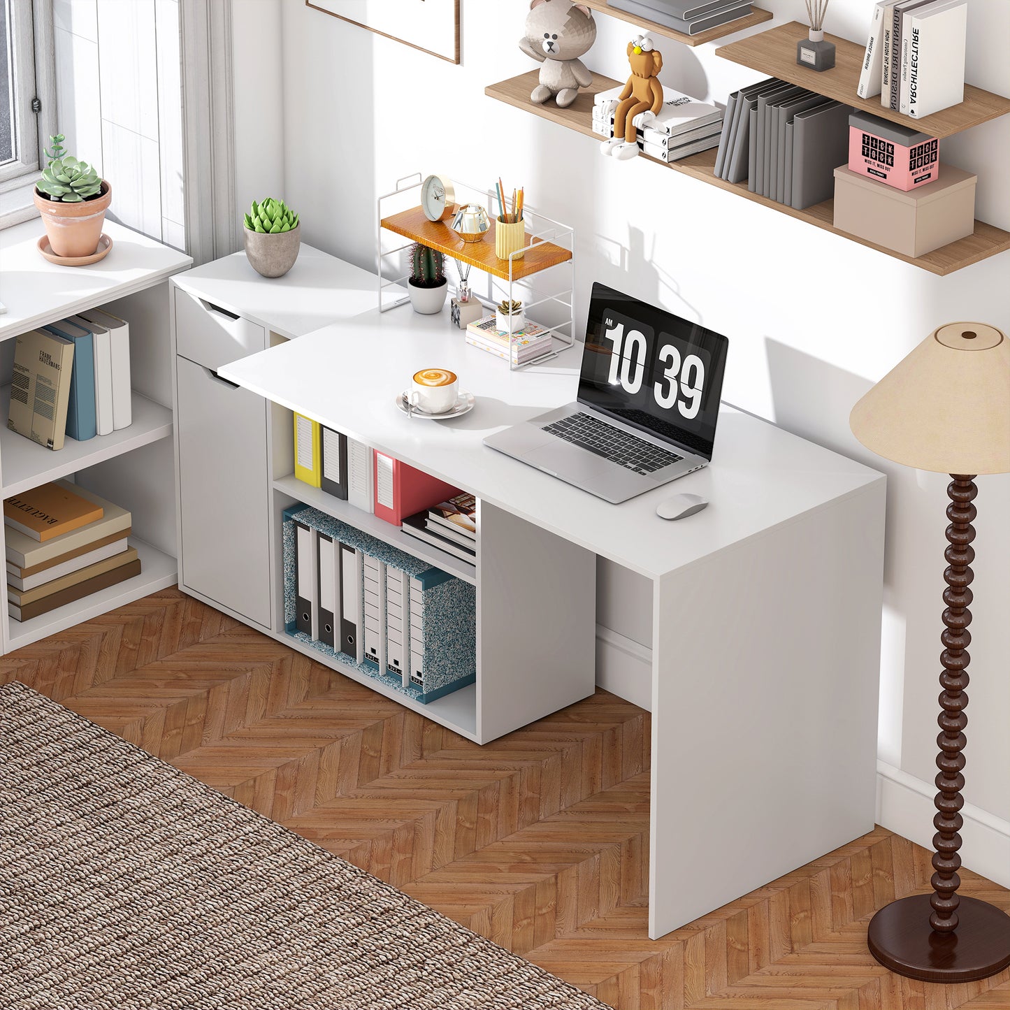 Convertible Desk with Storage, White Wood, L-Shape Option