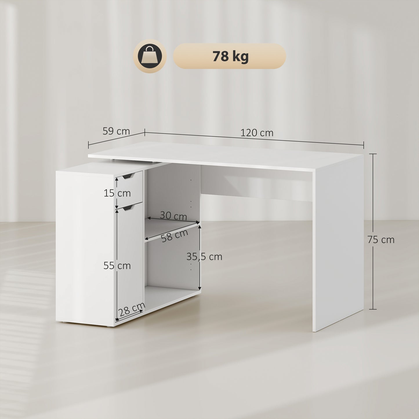 Convertible Desk with Storage, White Wood, L-Shape Option