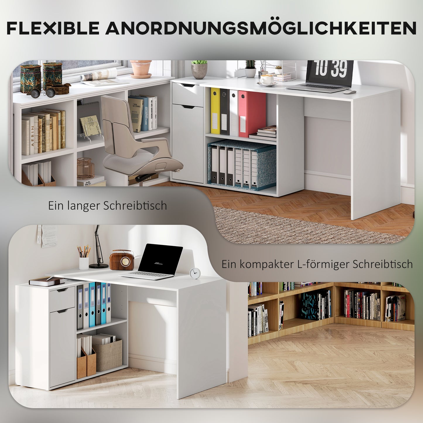 Convertible Desk with Storage, White Wood, L-Shape Option