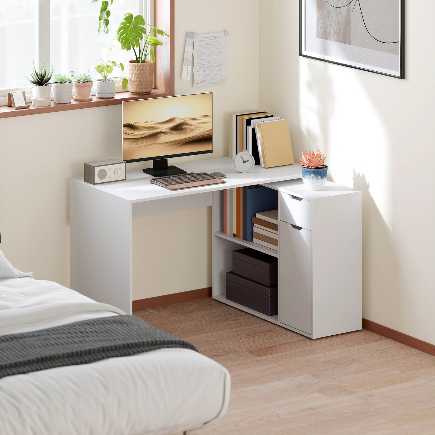 Convertible Desk with Storage, White Wood, L-Shape Option