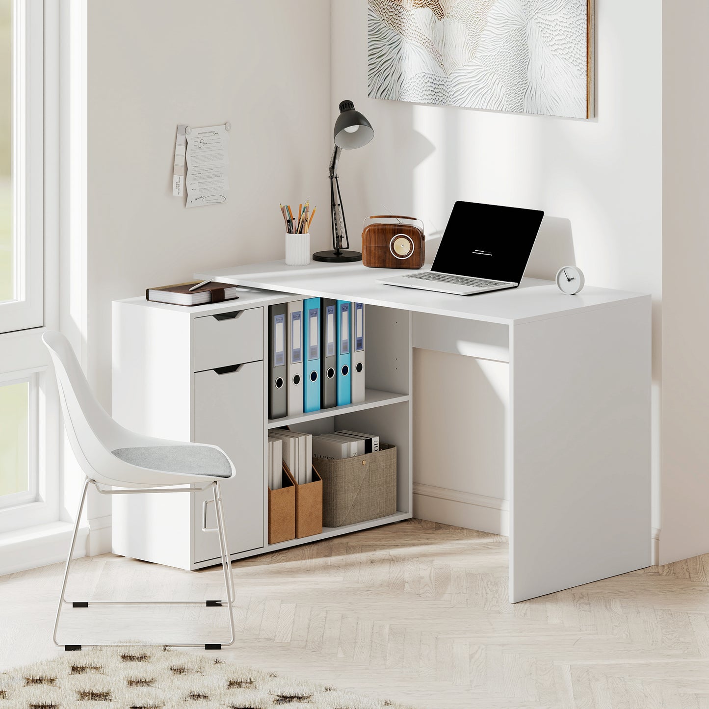 Convertible Desk with Storage, White Wood, L-Shape Option
