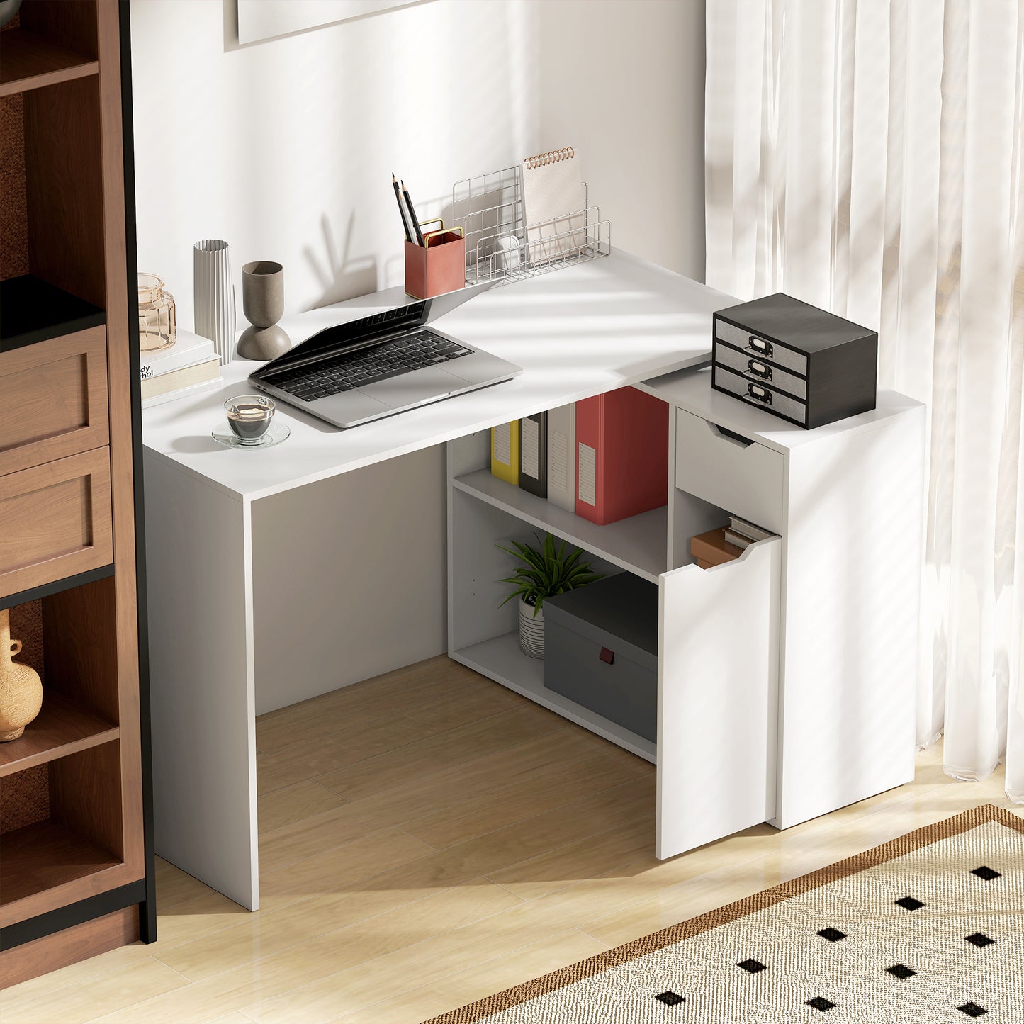 Convertible Desk with Storage, White Wood, L-Shape Option