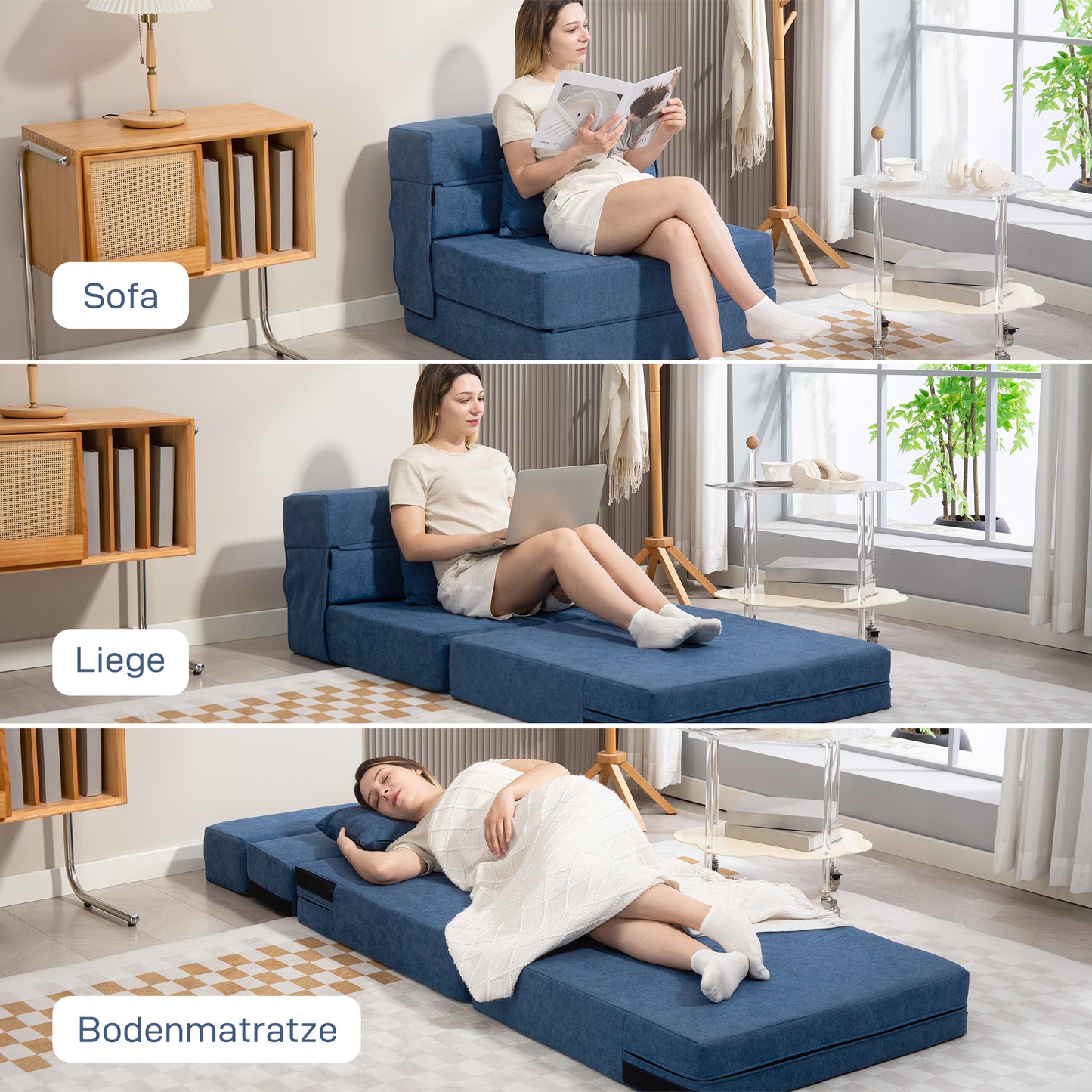 Convertible Floor Sofa Bed – Foam, Dark Blue, Pillow Included