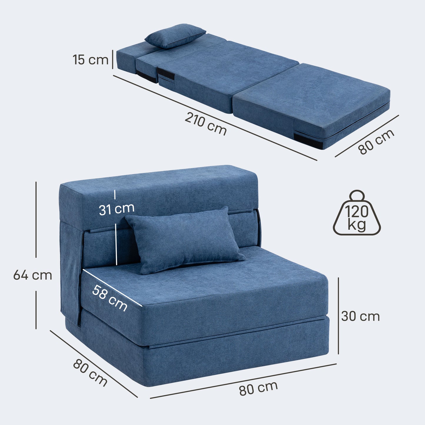 Convertible Floor Sofa Bed – Foam, Dark Blue, Pillow Included