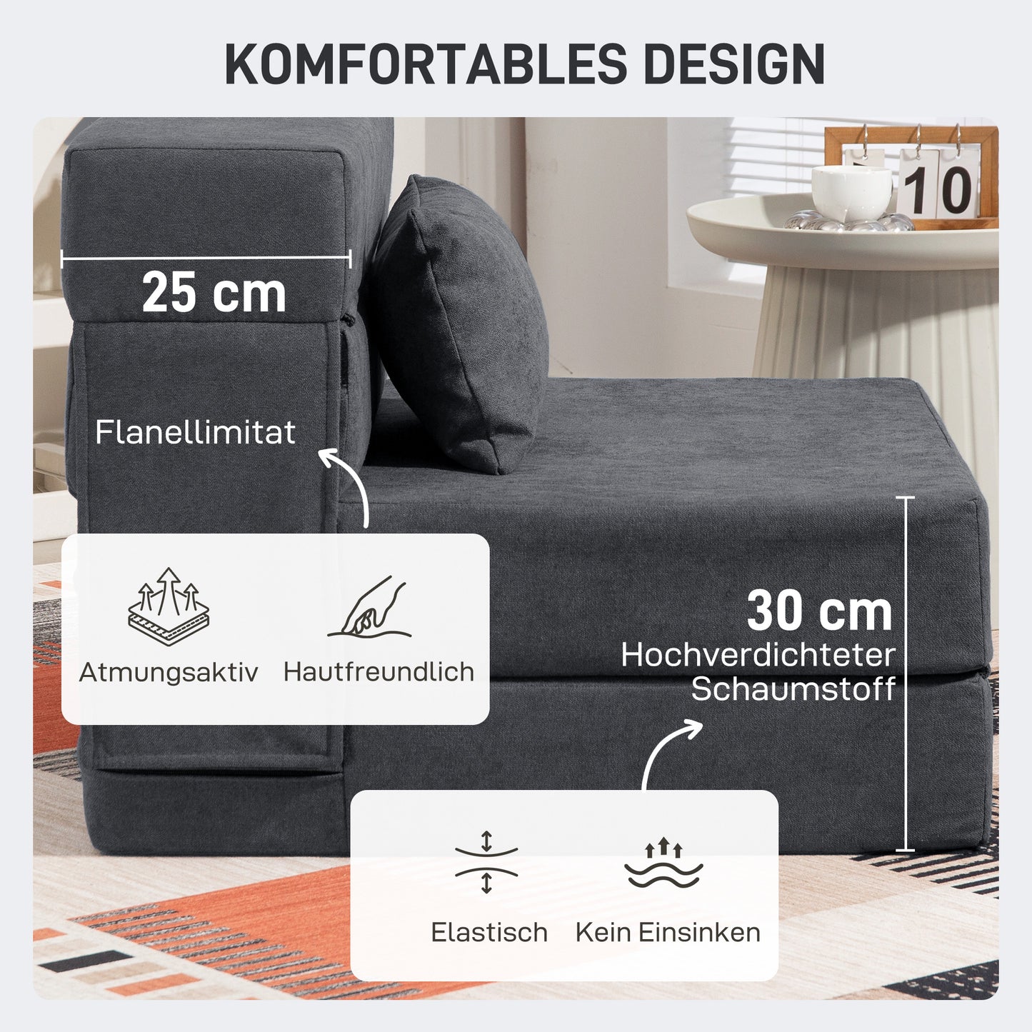 Convertible Floor Sofa Bed – Foam, Dark Grey, Includes Pillow