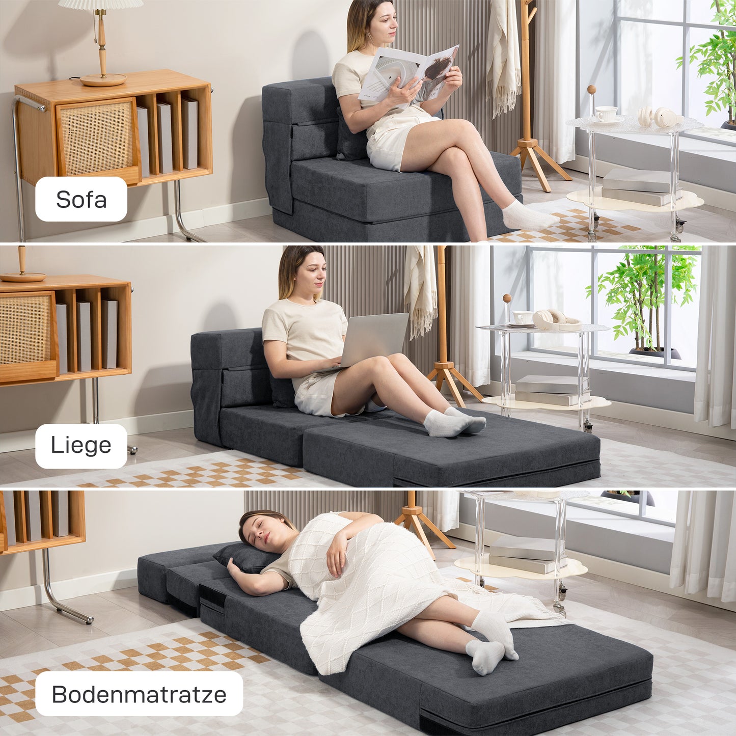 Convertible Floor Sofa Bed – Foam, Dark Grey, Includes Pillow