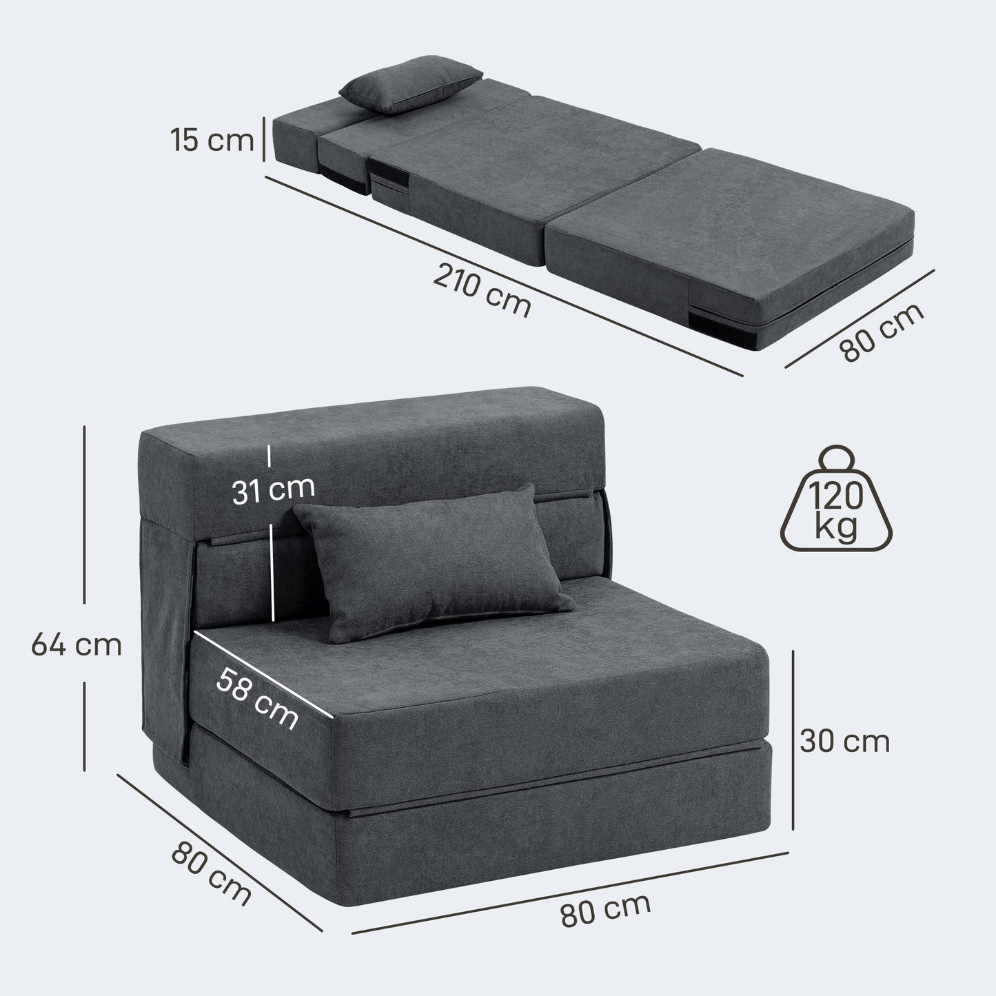 Convertible Floor Sofa Bed – Foam, Dark Grey, Includes Pillow