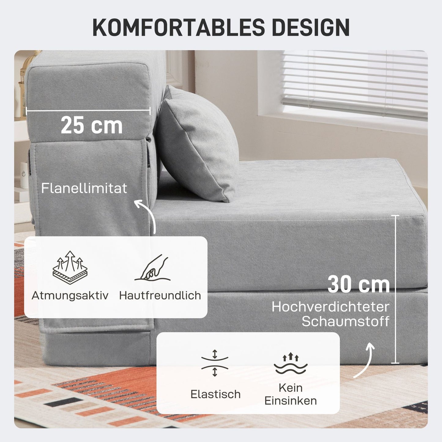 Convertible Floor Sofa Bed – Foam, Light Grey, Includes Pillow