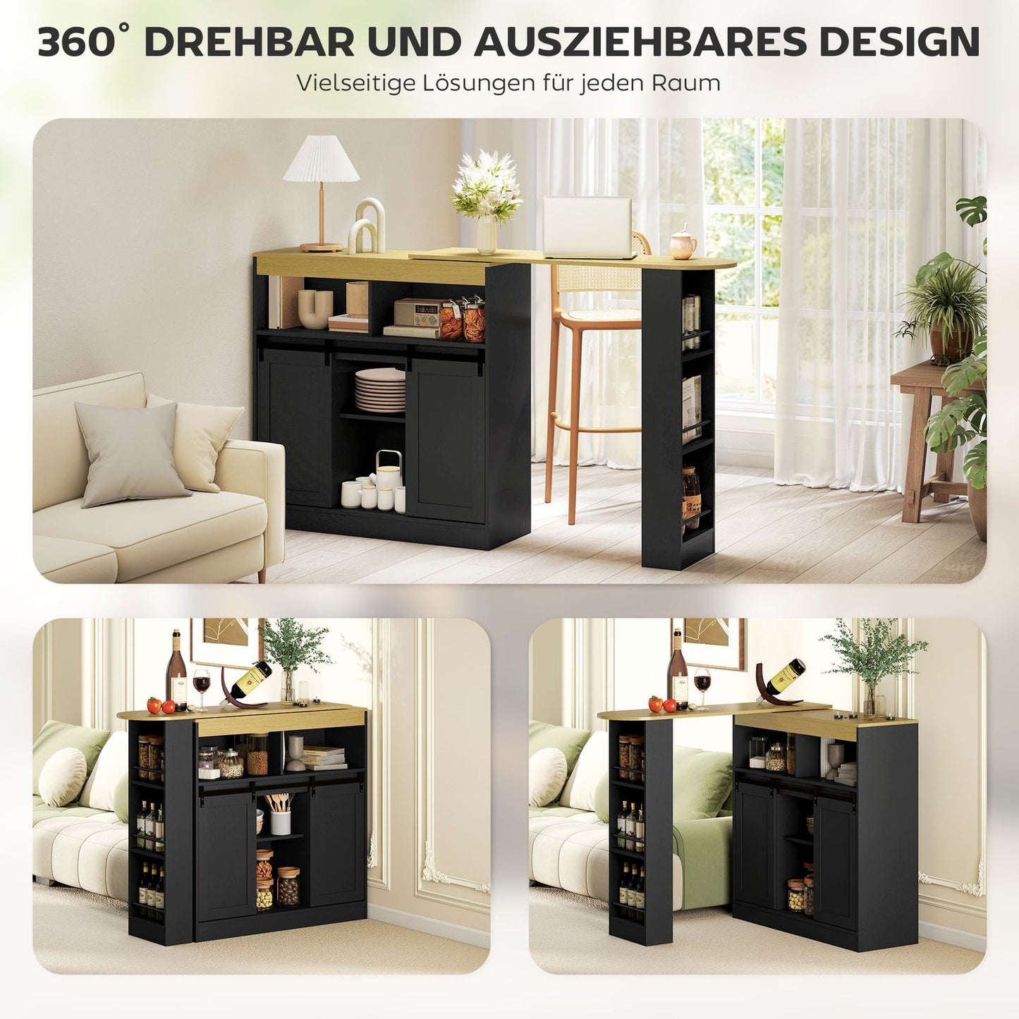 Convertible L-Shaped Bar Table, Black MDF, Ample Storage