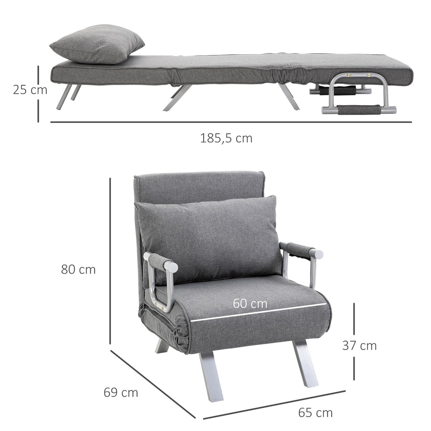 Convertible Recliner Chair with Bed Function, Grey, 65x69x80 cm