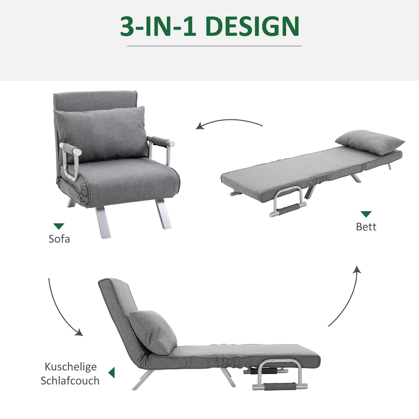 Convertible Recliner Chair with Bed Function, Grey, 65x69x80 cm