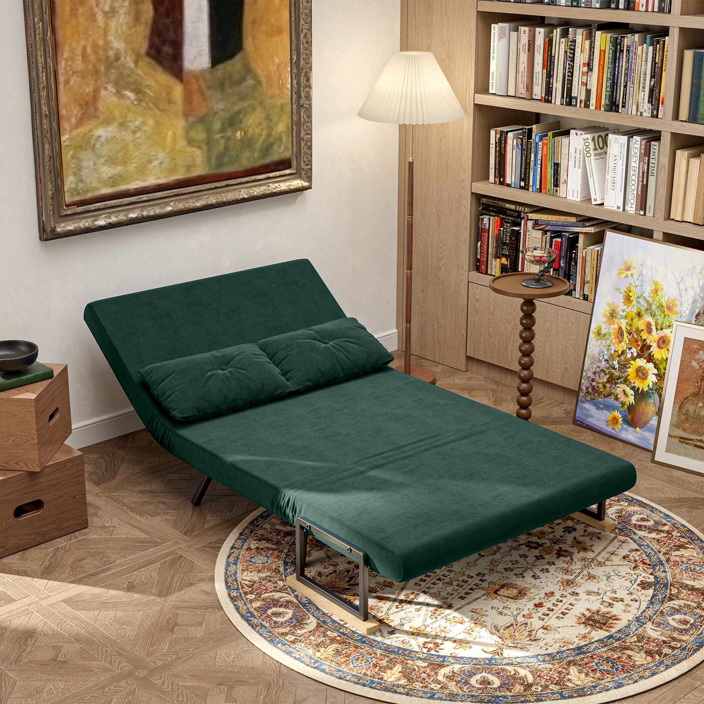 Convertible Sofa Bed with Adjustable Backrest, Green Fabric