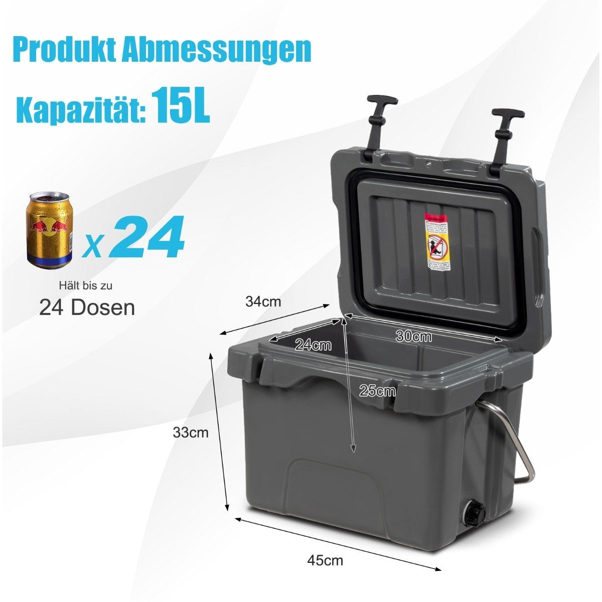 Cool box with 15 liter capacity, ice chest with handle, drain plug and 2 cup holders, grey