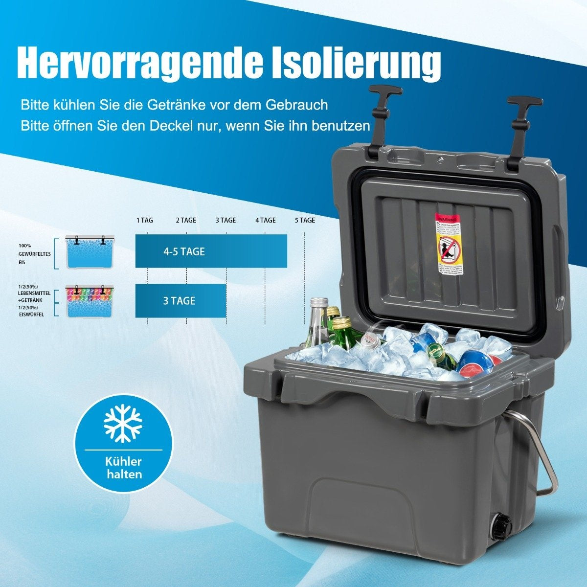 Cool box with 15 liter capacity, ice chest with handle, drain plug and 2 cup holders, grey