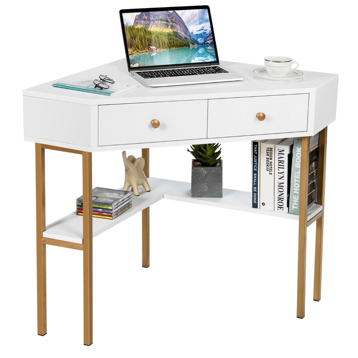 Corner Desk with 2 Drawers and Shelves for Small Spaces