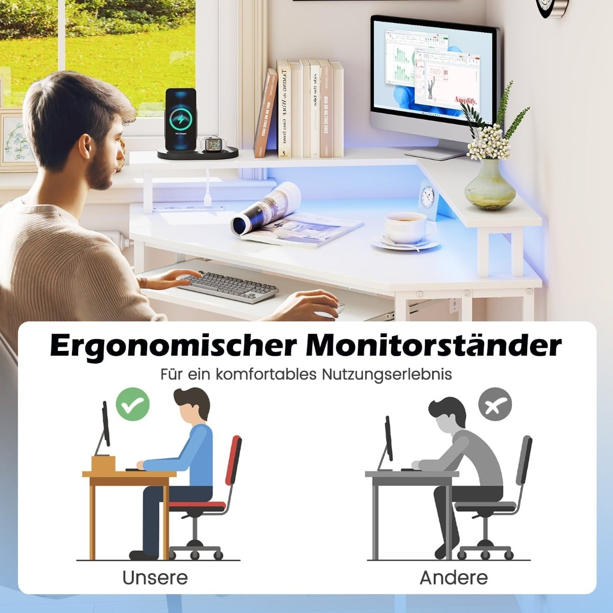 Corner Desk with Charging Station, LED, Monitor Stand