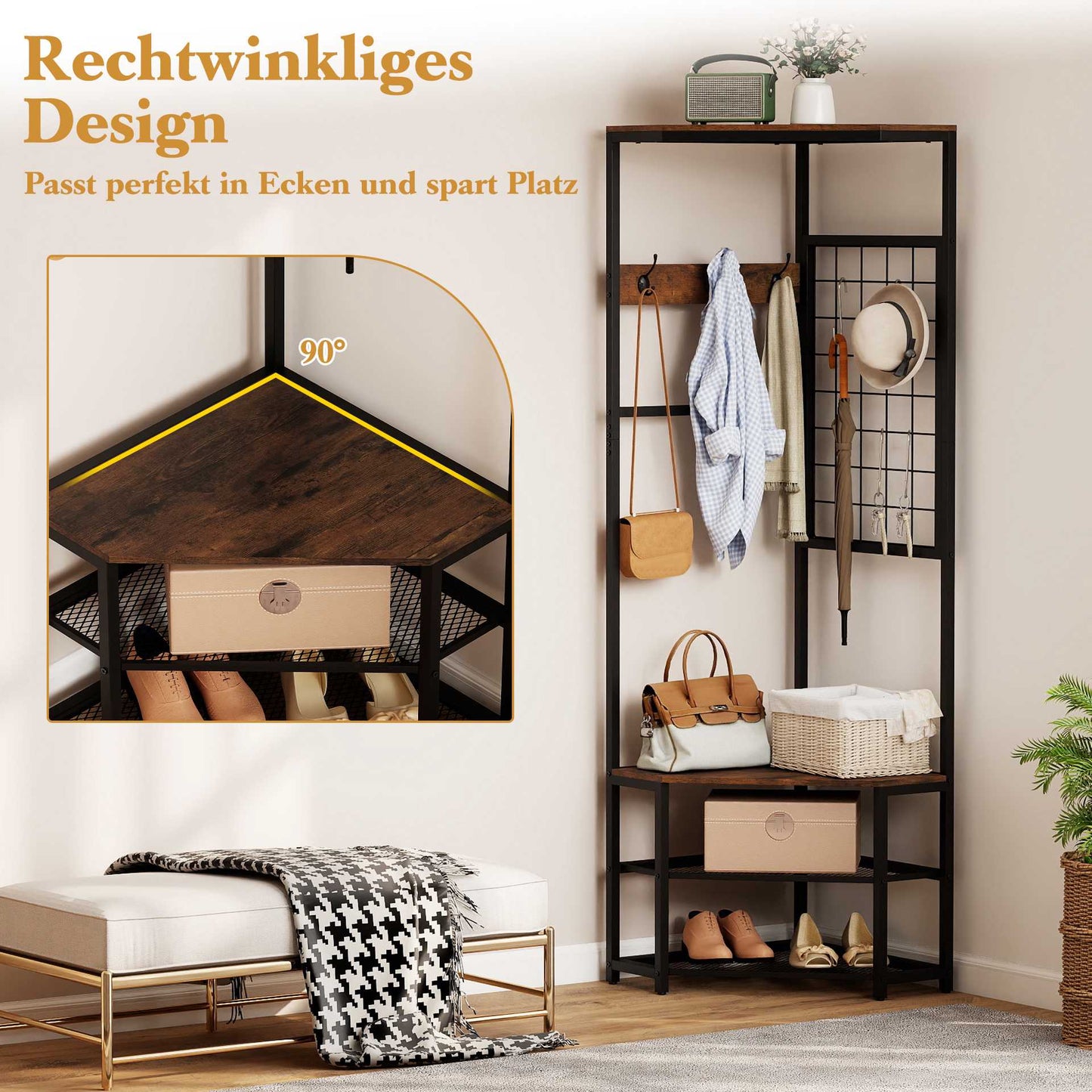 Corner Hall Tree with Hooks, Shelves, Metal Frame, Brown