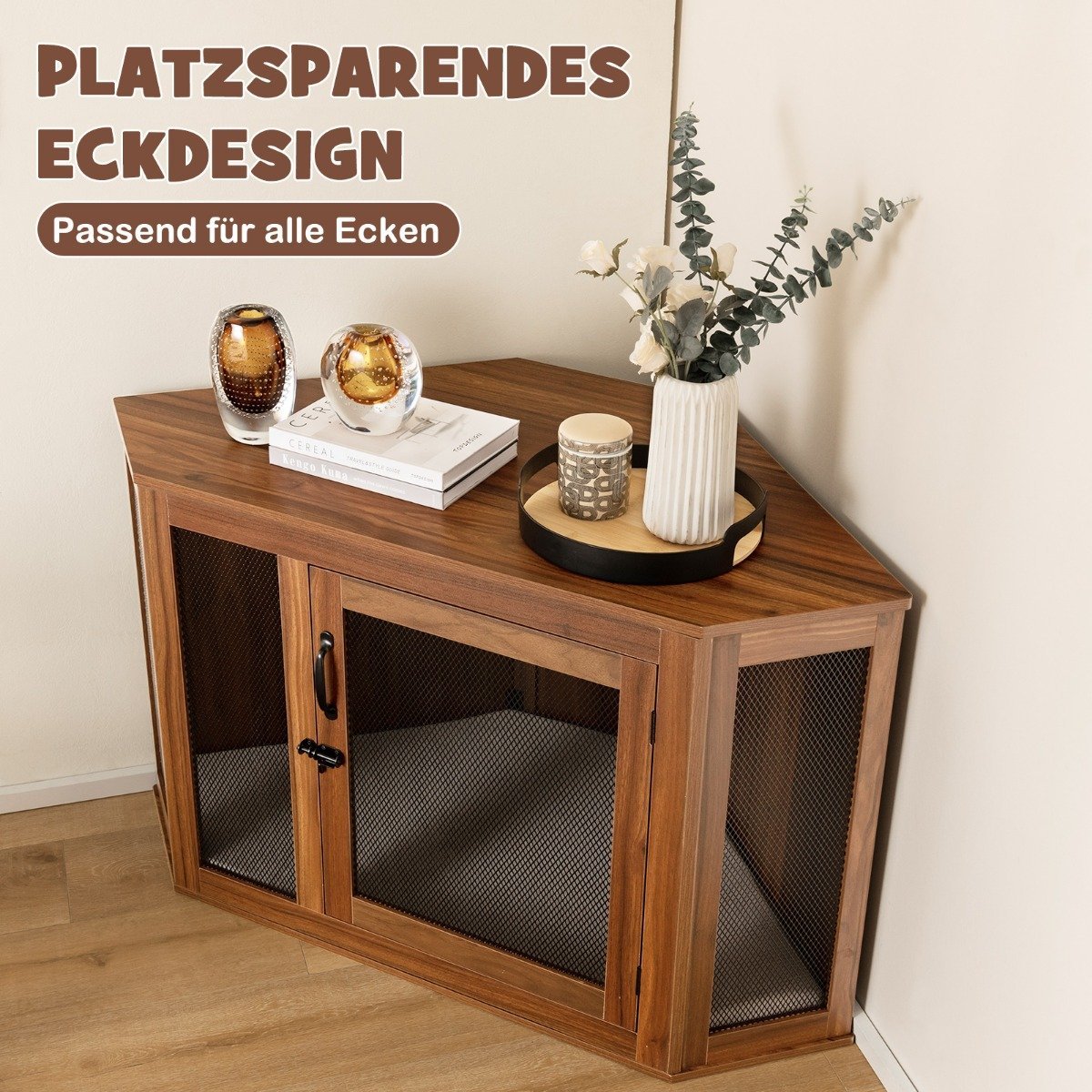 Corner Pet Crate Dog Kennel End Table with Mesh Door & Cushion 114 x 59 x 67cm Brown