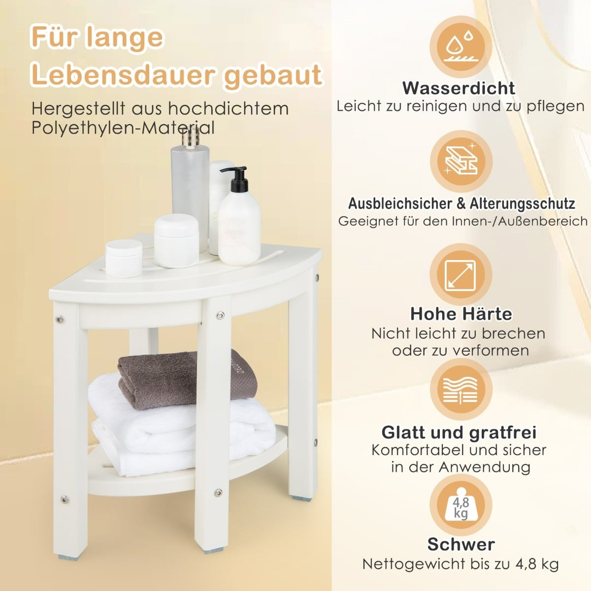 Corner Shower Bench with Shelf, Waterproof HDPE, 150kg Capacity