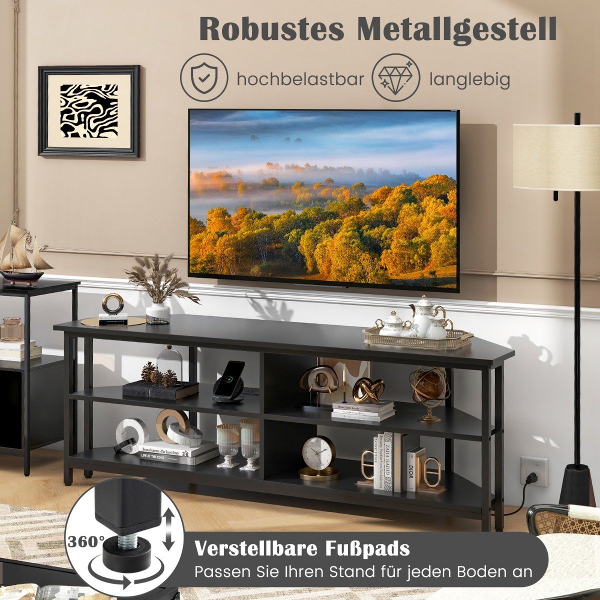 Corner TV Cabinet with Charging Station & Shelves TV lowboard for TVs up to 65 inch TV cabinet black