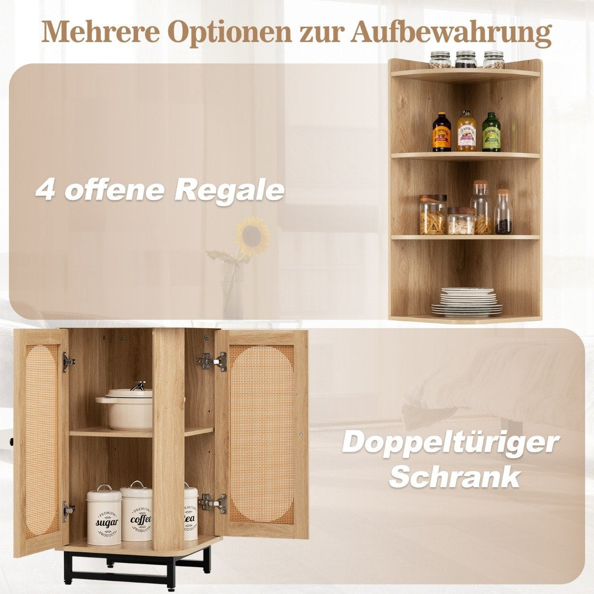 Corner bookcase made of PE rattan 172 cm tall cabinet with 2 doors & 4 open shelves natural
