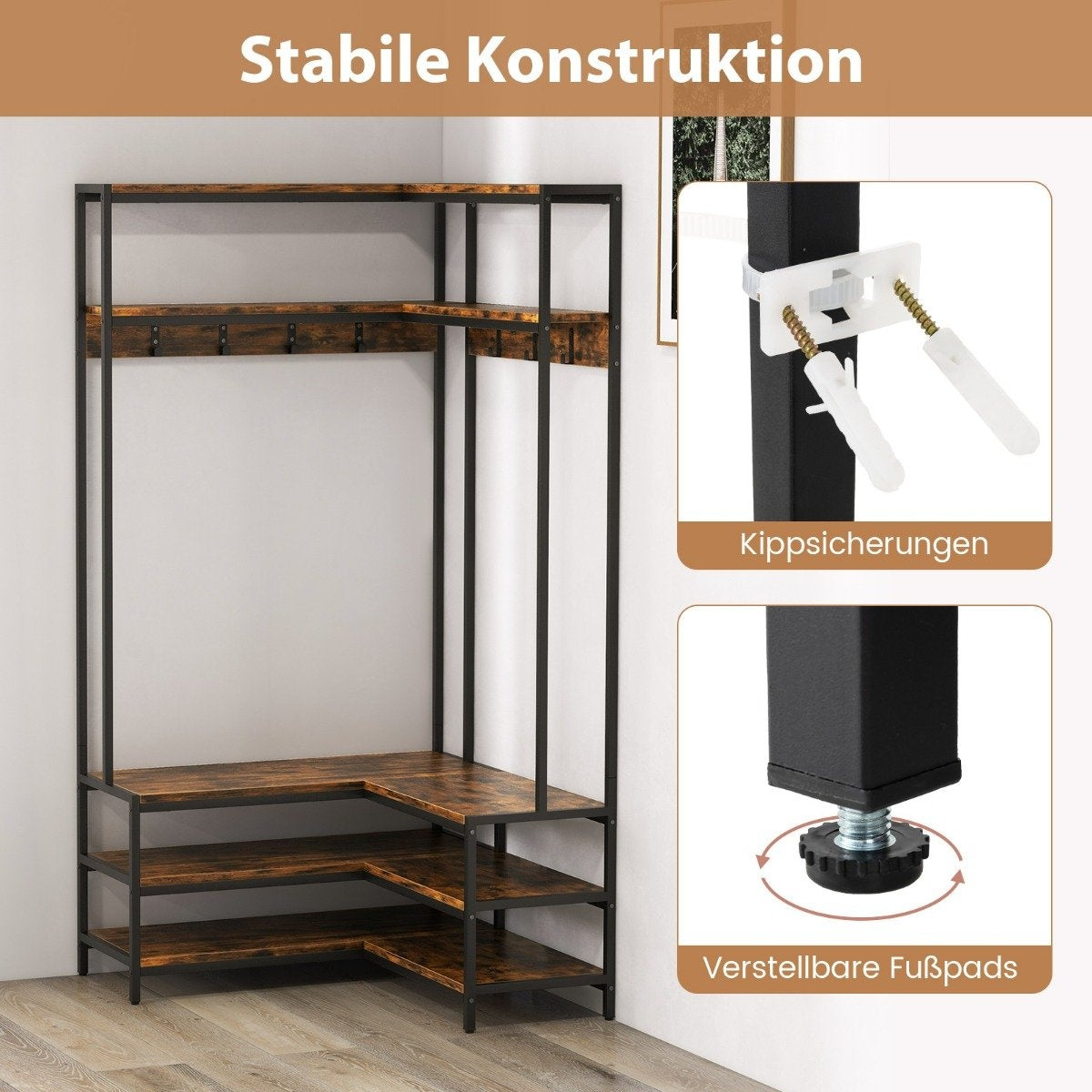 Corner coat rack with bench L-shaped clothes rack with open shelves 90 x 90 x 178 cm Rustic brown