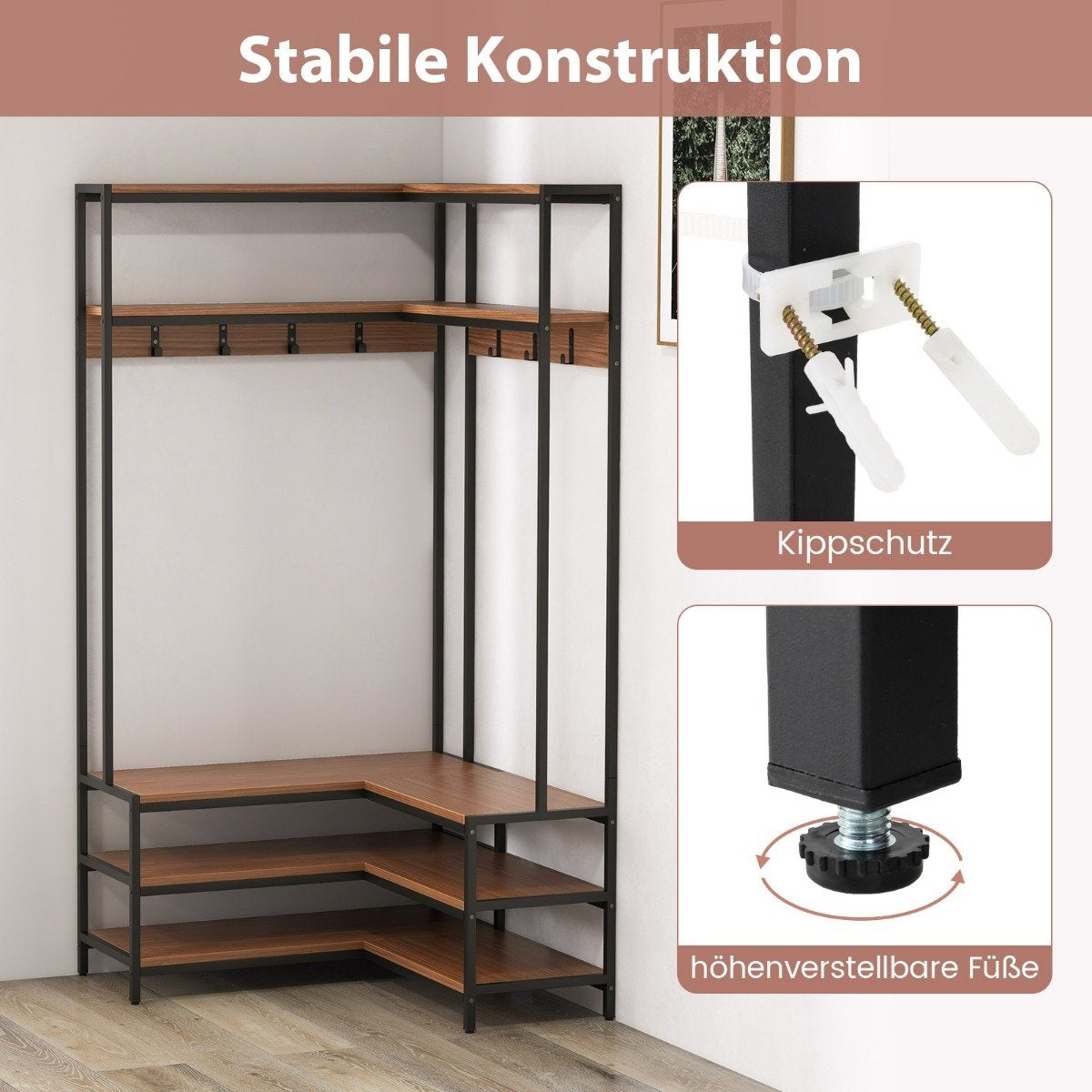 Corner coat rack with bench L-shaped clothes rack with open shelves 90 x 90 x 178 cm walnut