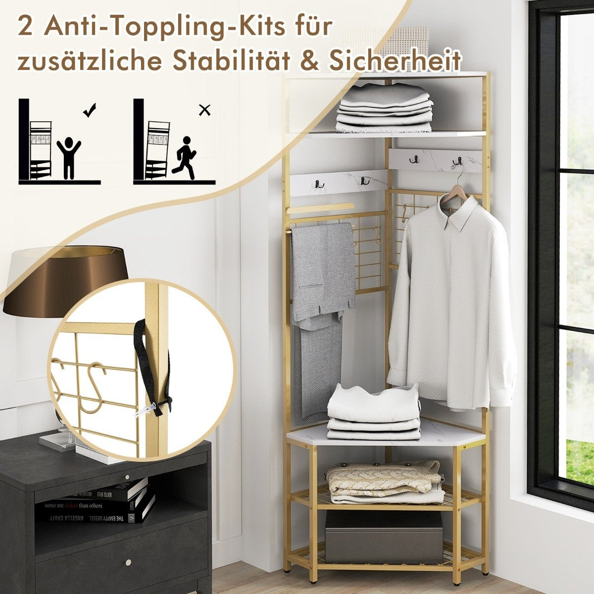 Corner coat rack with shoe bench & 12 metal hooks freestanding clothes rack white