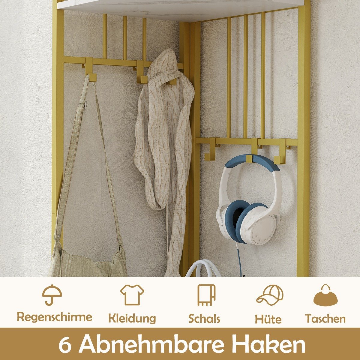 Corner coat rack with shoe storage bench & 6 Removable Hooks 4 Tier Clothes Rack White