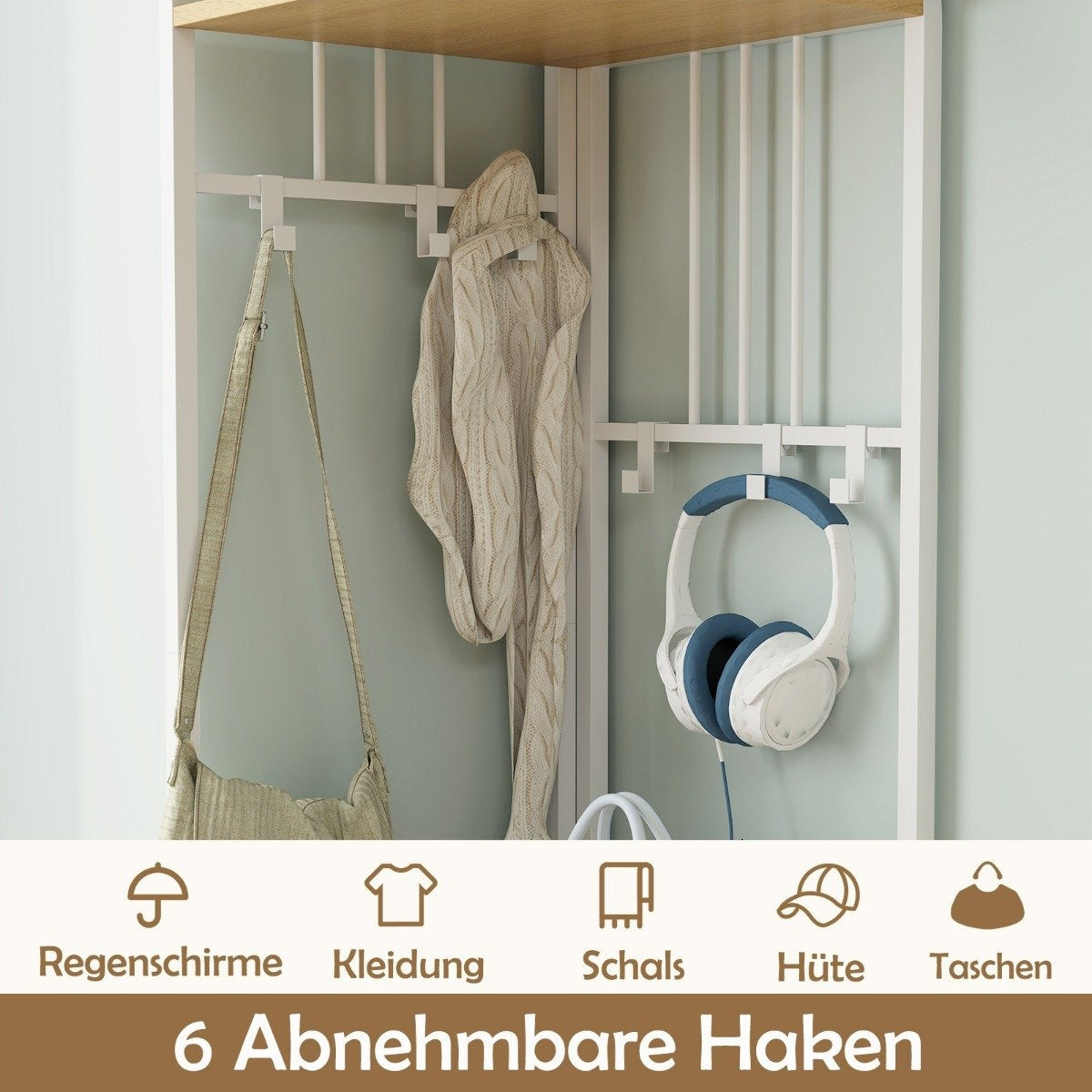 Corner coat rack with shoe storage bench & 6 removable hooks 4 tier clothes rack natural