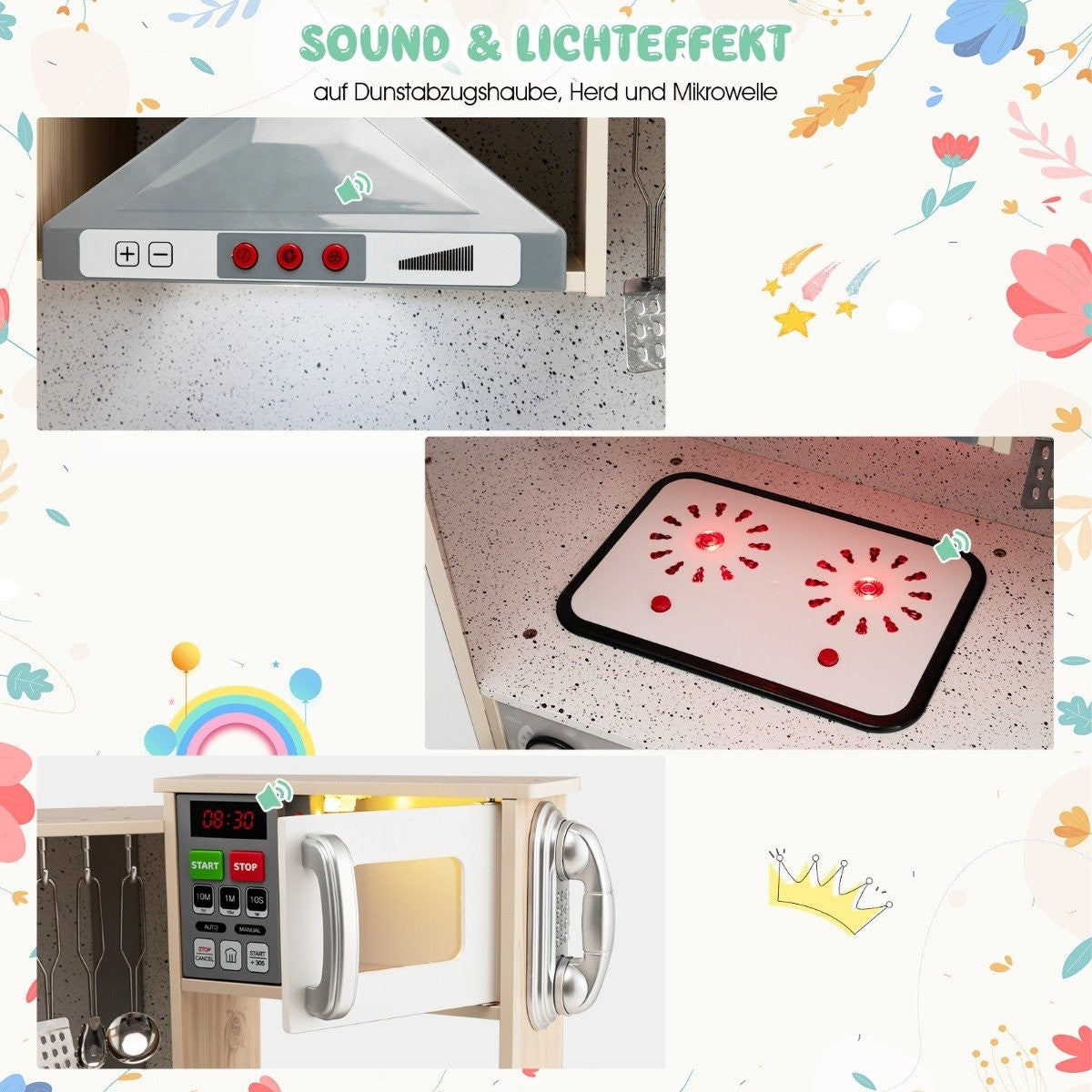 Corner kitchen Corner play kitchen with sound and light Children's kitchen made of wood including play accessories White + Natural