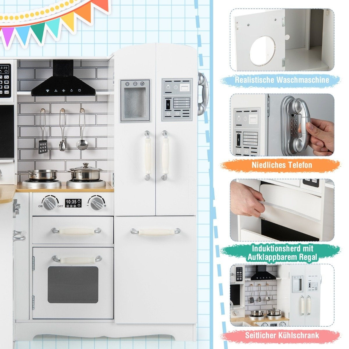 Corner kitchen play set for children wooden play kitchen with stove 82 x 66 x 88 cm white