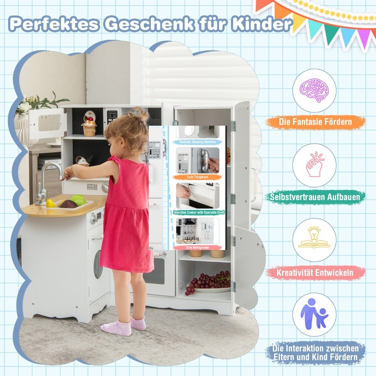 Corner kitchen play set for children wooden play kitchen with stove 82 x 66 x 88 cm white