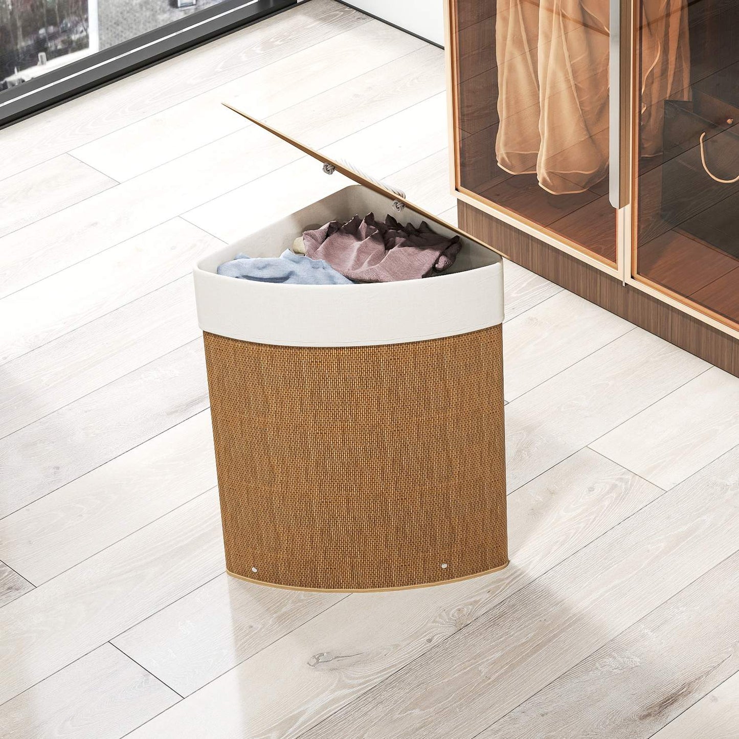 Corner laundry basket, bamboo weave, 55 liters, fabric bag, metal frame, brown