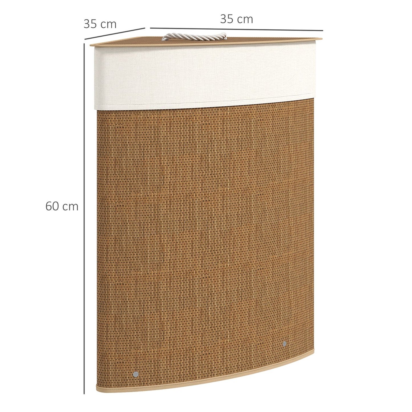 Corner laundry basket, bamboo weave, 55 liters, fabric bag, metal frame, brown