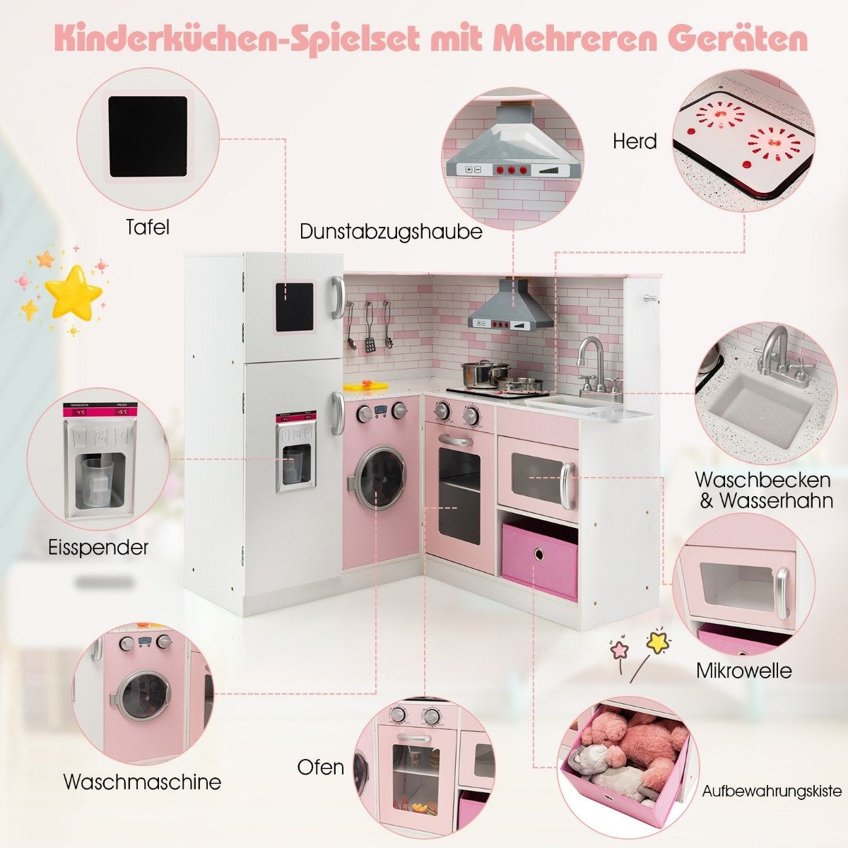 Corner play kitchen with sound and light children's kitchen made of wood including apron and play accessories 85 x 84 x 85 cm white + pink