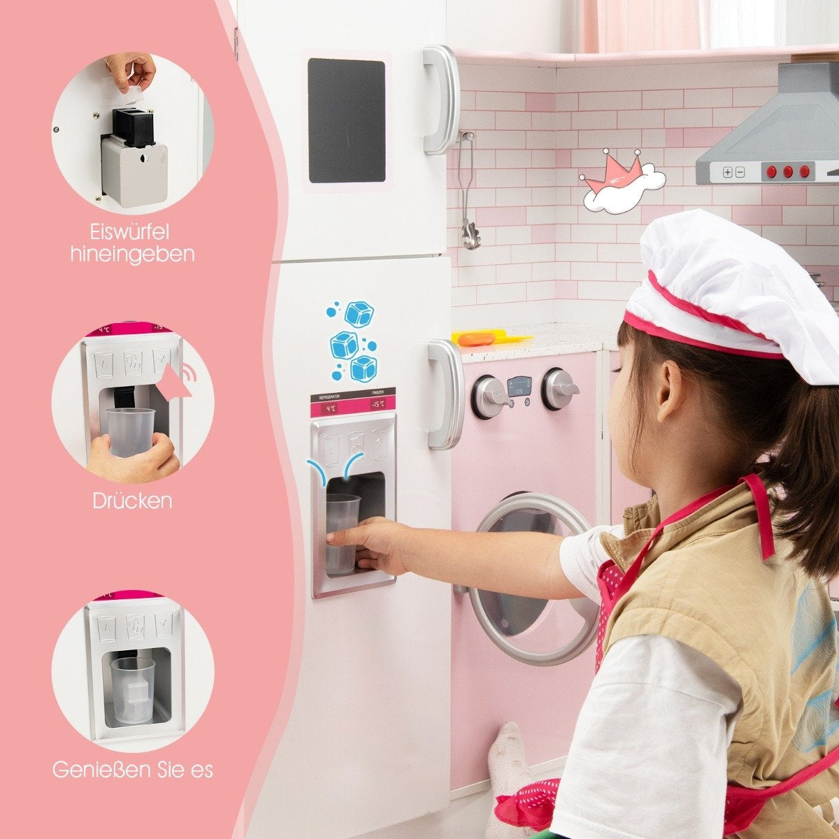 Corner play kitchen with sound and light children's kitchen made of wood including apron and play accessories 85 x 84 x 85 cm white + pink