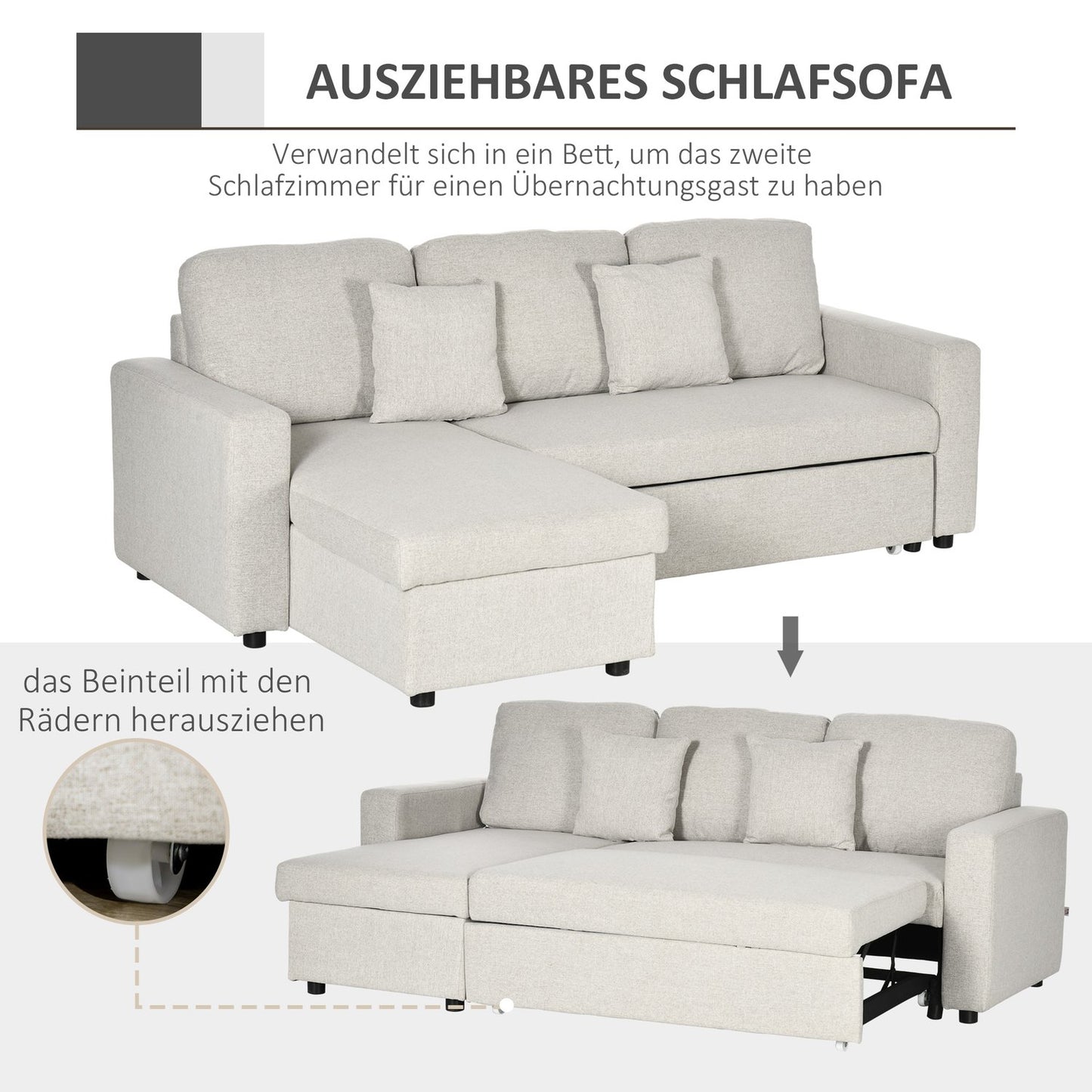 Corner Sofa Bed with Storage, Cream White Linen, L-Shape