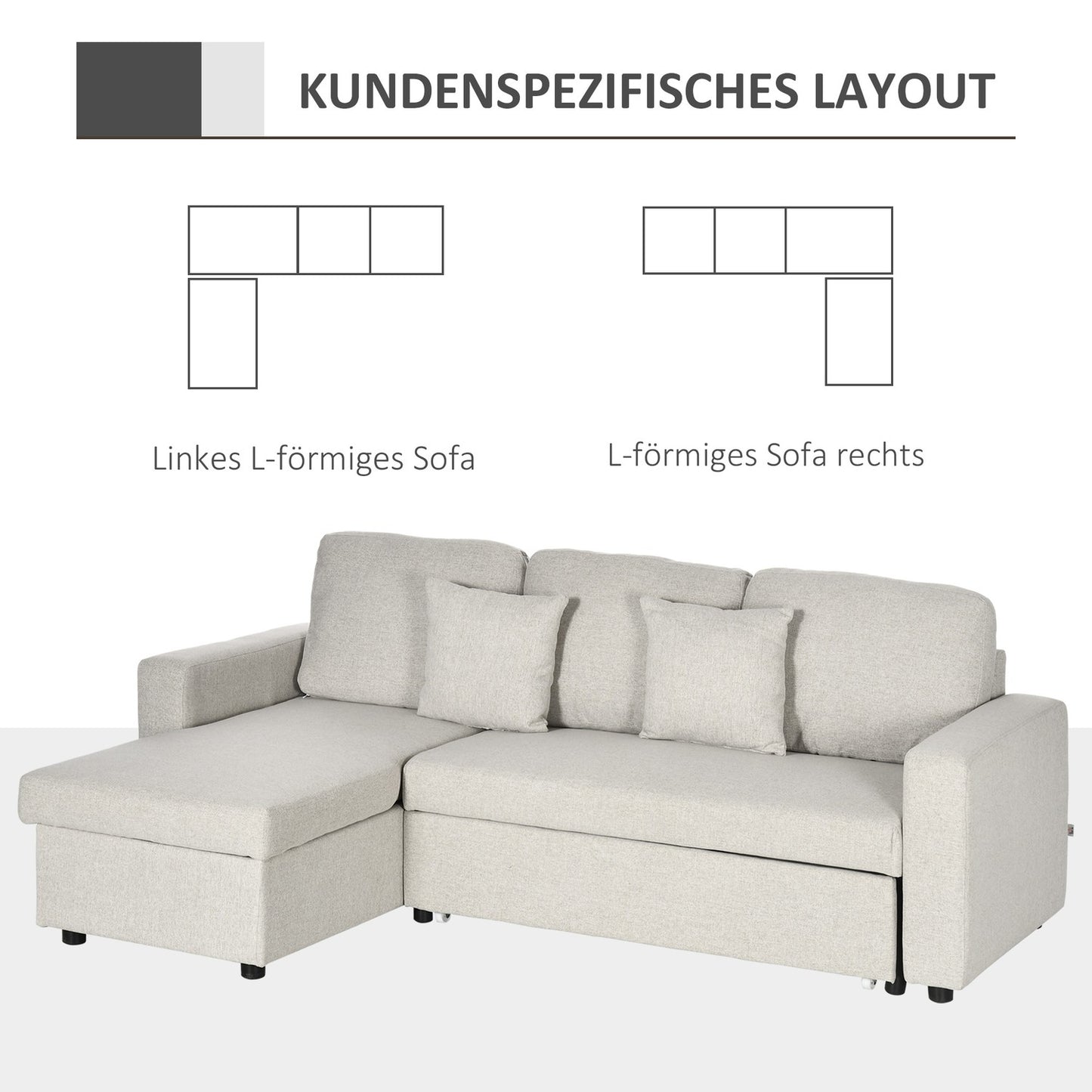 Corner Sofa Bed with Storage, Cream White Linen, L-Shape