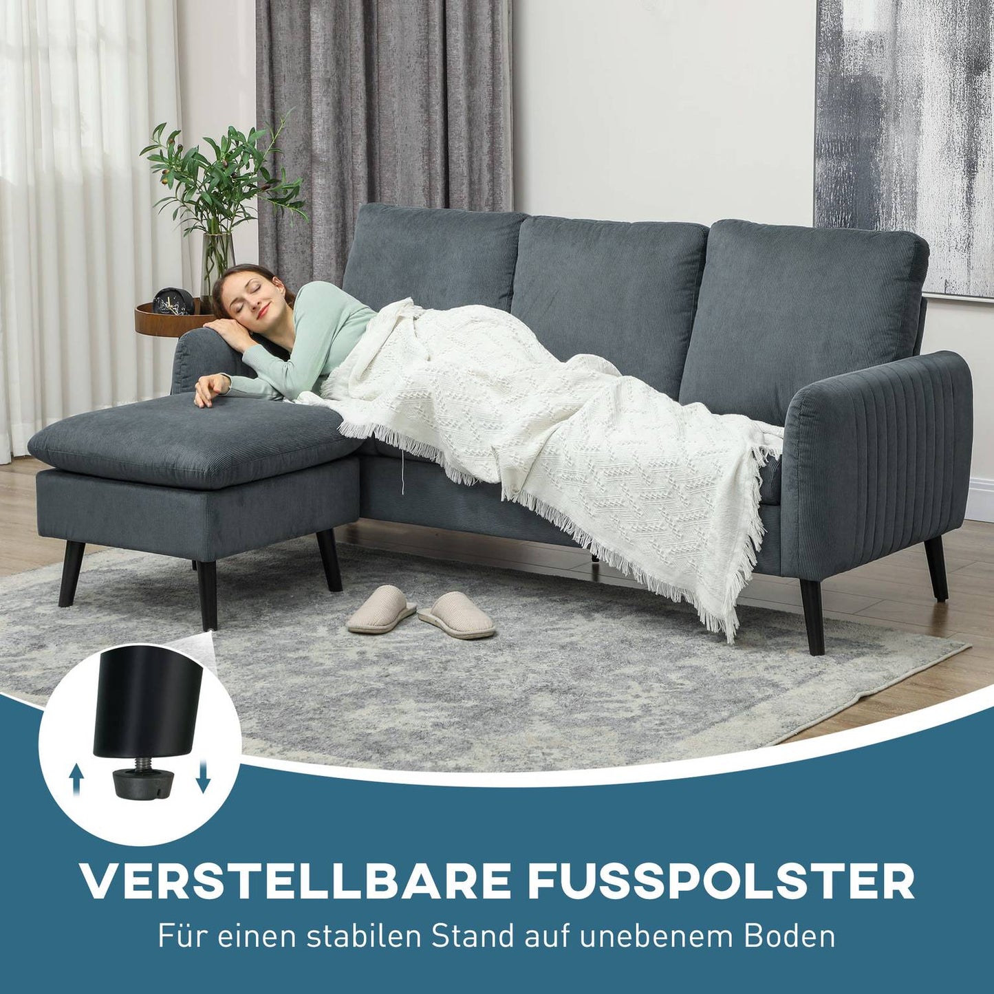 Gray L-shaped corner sofa with footstool & cushions
