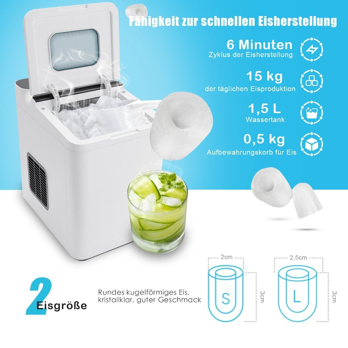 Counter ice maker ice cube machine with thermal insulation 22.5 x 32 x 32.5 cm white