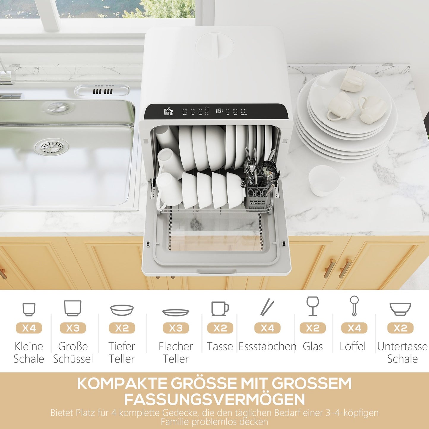 Countertop Dishwasher, 6L Tank, 5 Programs, LED Display