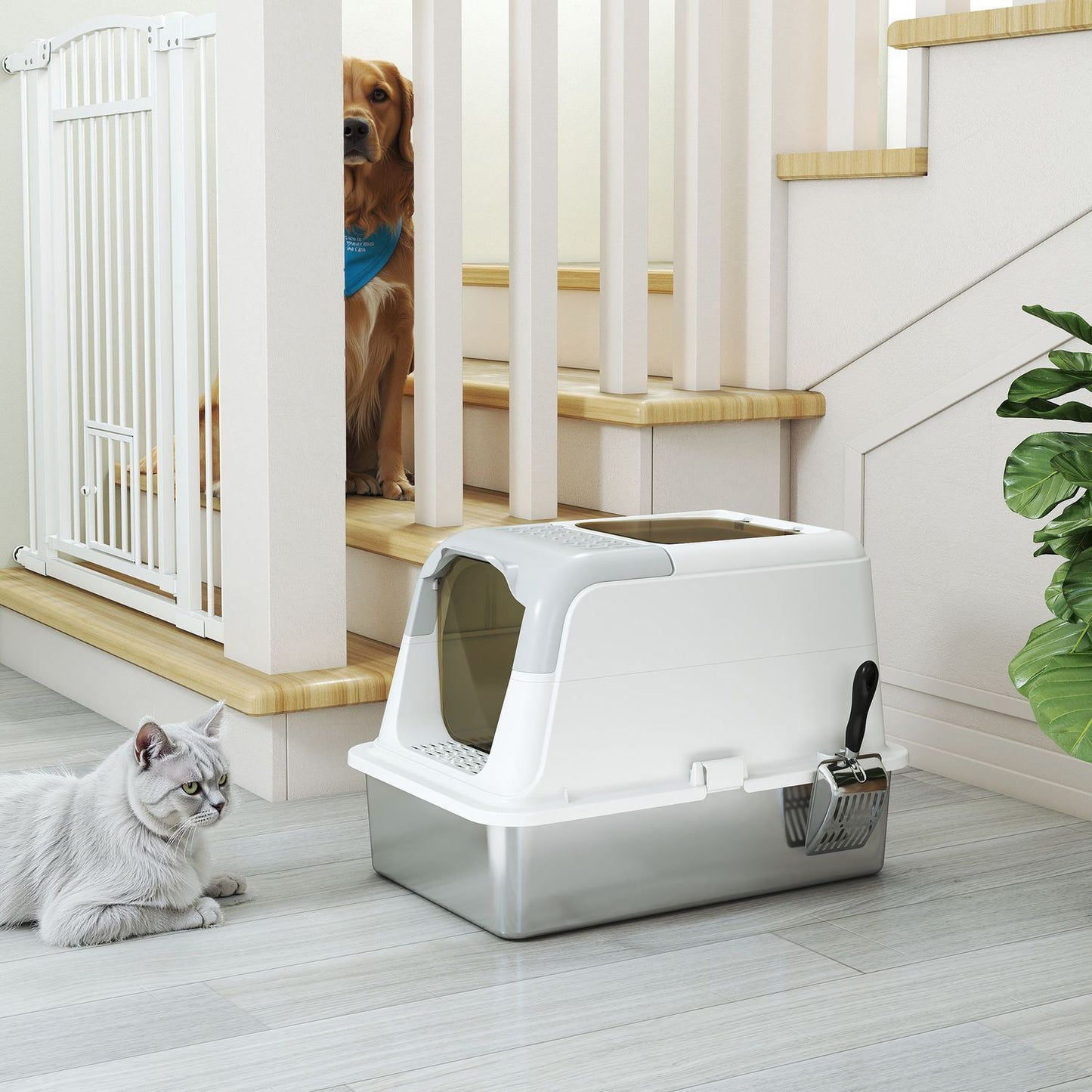 Covered Cat Litter Box with Stainless Tray & Scoop