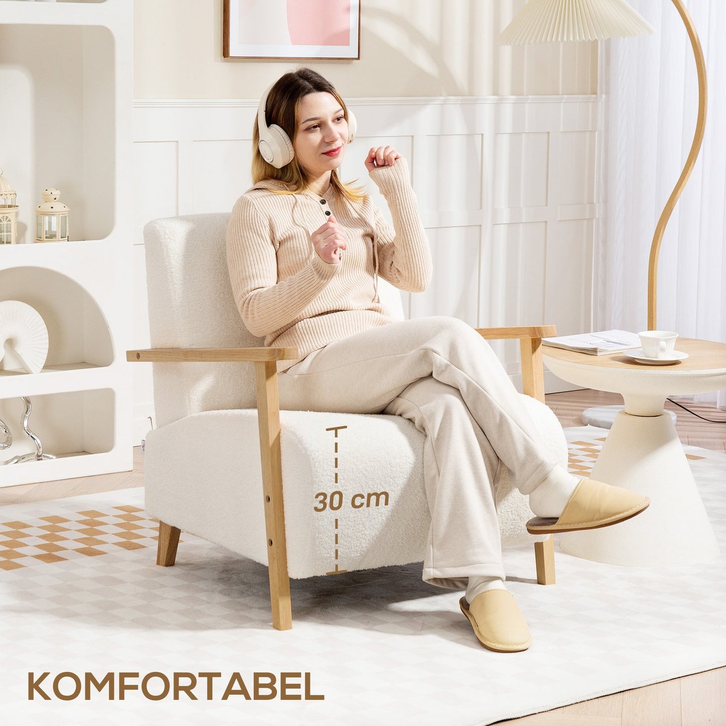 Cream Sherpa Lounge Chair, Padded, Wood Legs, 120kg Capacity